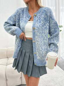 EURMUSE Floral Print Brushed Knit Splice Button Front Elegant Long Sleeve Cardigan - Blue - View 6