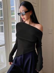 DAZY 纯色修身不对称露肩女式毛衣，返校服