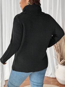 SHEIN LUNE Plus Size Black Autumn Smart Casual Pile Collar Front Overlapping Buttons Decorative Texture Turtleneck Sweater Pullover Winter Women Fall Curve Tops - Black - View 2