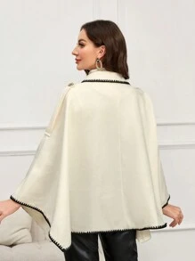 Modelyn Women's Contrast Binding Lapel Collar Batwing Sleeve Self-Tie Belt Cape Overcoat