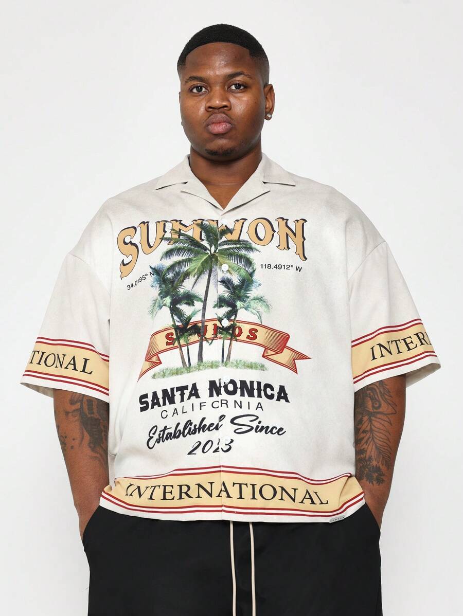SUMWON Plus Size Revere Collar Shirt With All Over Print