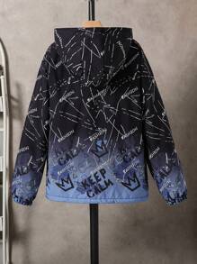 SHEIN Teenage Boys' Digital Print Hooded Fleece Windbreaker Jacket