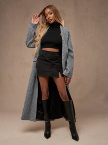 MISSGUIDED Herringbone Statement Long Coat Wool Blend Double Breasted Winter Outerwear Classic Tweed Textured Fall Maxi Coat Professional Business Formal Style - Black and White - View 4