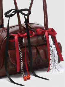 ROMWE Kawaii 女士复古可爱格子蝴蝶结肩带樱桃心形装饰单肩腋下包，带多口袋波士顿挎包 - 棕色 - 查看 3