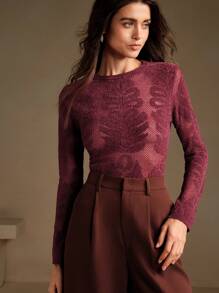 Anewsta Women's Elegant Winter Jacquard Knit Sweater, Round Neck, Christmas Dress, Wine Red - Burgundy - View 4