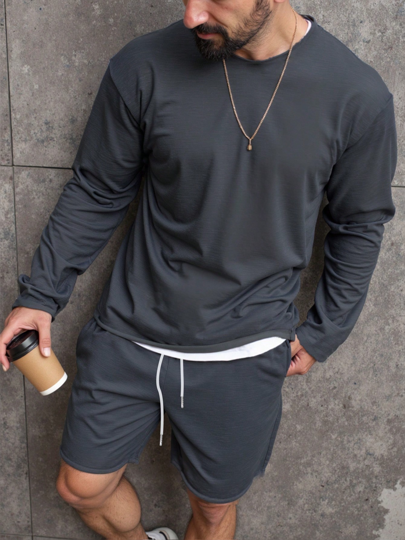 Manfinity Dauomo Men's Solid Color Sweatshirt & Shorts 2-Piece Set, Spring/Autumn