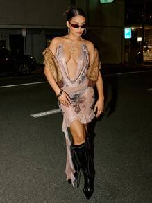 SHEIN ICON Neck Tie Back Sheer Mesh Floral Print Cover Up Dress - Apricot - View 1