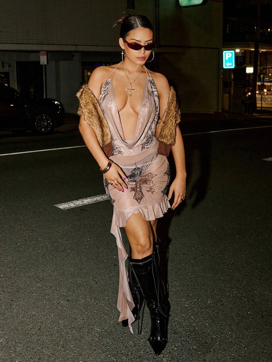 SHEIN ICON Neck Tie Back Sheer Mesh Floral Print Cover Up Dress - Apricot - View 1