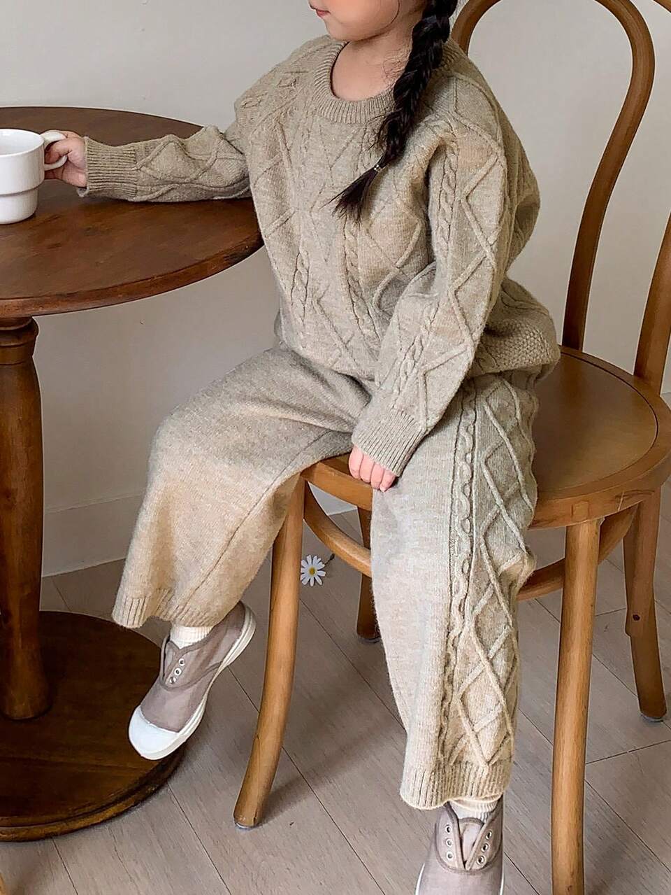 Young Girl Solid Color Sweater And Pants Set, Casual, Autumn/Winter