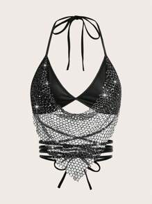 SHEIN ICON 性感亮片网眼交叉后背吊带短款 Y2K 闪光黑色性感上衣 - 黑色 - 查看 1