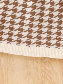 SHEIN 年轻女孩休闲千鸟格开衫和针织毛衣配裙子两件套，秋季 - 棕色 - 查看 4