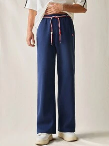 Men's Knit Casual Loose Elastic Waist Straight Leg Pants - Navy Blue - View 1