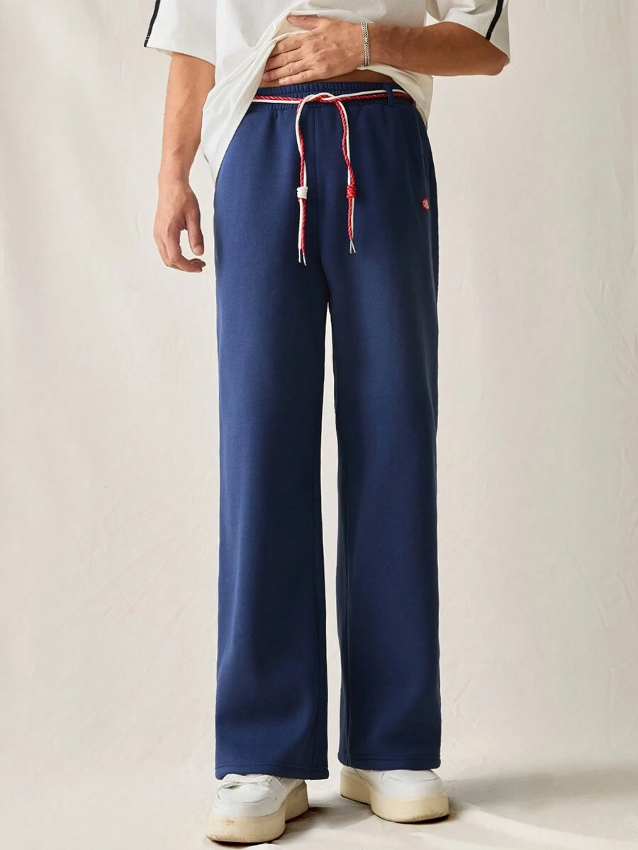 Men's Knit Casual Loose Elastic Waist Straight Leg Pants - Navy Blue - View 1