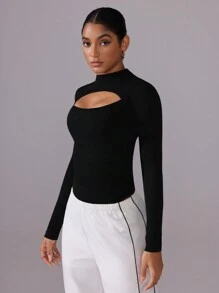 Easithlete 女士休闲镂空纯色长袖运动连体裤，适合秋季 - 黑色 - 查看 3