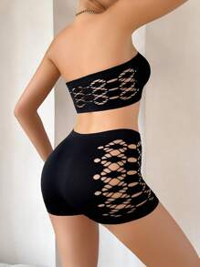 2件套休闲前扣镂空透视吊带背心套装 - 黑色 - 查看 2