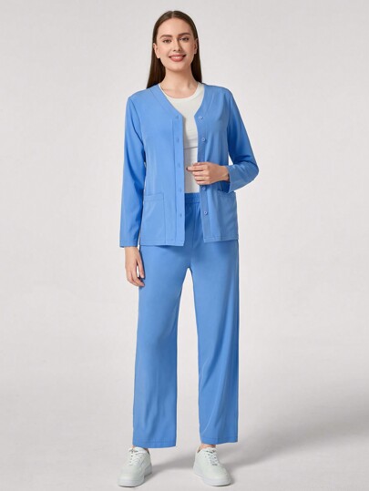 TaskEZ 女式 V 领长袖双口袋休闲女式 T 恤刷牙制服衬衫和女士工作服直筒裤刷牙制服、健康检查手术服刷牙制服女式纯色宠物美容工作刷牙制服套装营养师工作服短袖实验室工作服女式两件套、多口袋功能性工作服、上衣带纽扣方便穿脱、下装带松紧腰带方便穿脱