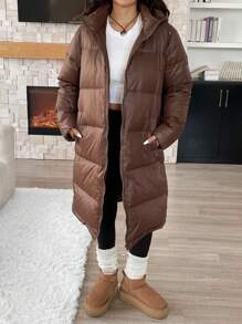 SHEIN EZwear 2024 Women's New Brown Long Down& Feathers Coat With Hood, Warm For Winter - Chocolate Brown - View 3