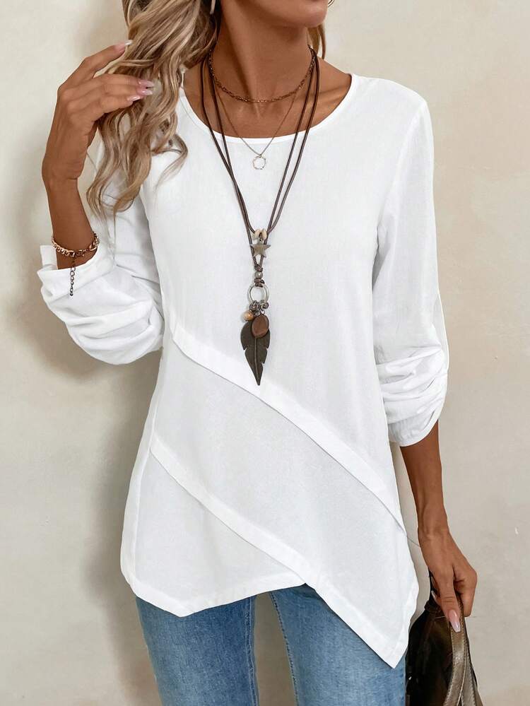Women Round Neck Asymmetrical Hem White Blouse