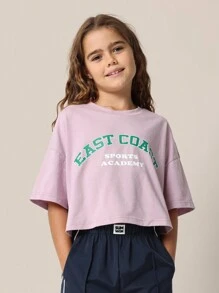 SUMWON Tween Girls 短款图案印花 T 恤和宽腿运动裤 2 件套 - 藏蓝色 - 查看 3