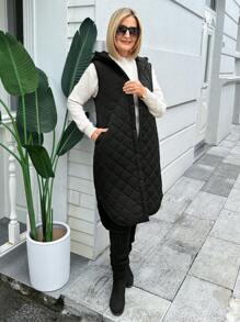 SHEIN LUNE 女士冬季连帽长款无袖休闲棉服外套 - 黑色 - 查看 4