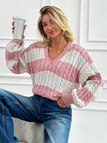 SHEIN Cottnline Women'S Striped Color Block Drop Shoulder Sweater - Baby Pink - View 6