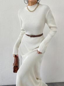 RueChic Stand Collar Solid Color Elegant Long Sleeve Sweater Dress - Beige - View 8