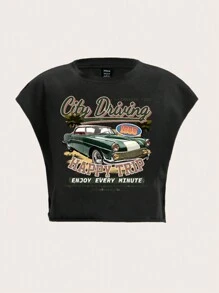 Slaydiva 1998 Casual Vintage Car Letter Graphic Round Neck Short Loose T-Shirt For Women, Suitable For Summer