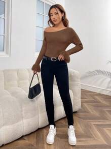 SHEIN Privé Top décontracté pour femmes à épaules obliques, manches longues, avec patchwork en fourrure et couleur unie - Camel - Voir 4