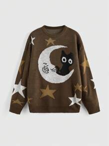 ROMWE Hippie 女士休闲圆领落肩长袖万圣节月亮和星星毛衣 秋冬季 - 彩色 - 查看 1