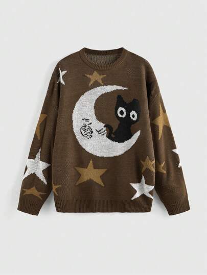 Hippie Pull col rond tombant à manches longues pour femmes, style décontracté, motif lune et étoiles pour l'automne/l'hiver