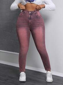 SHEIN SXY Plus Size Elastic Two-Tone Wash Skinny Jeans - Purple - View 3