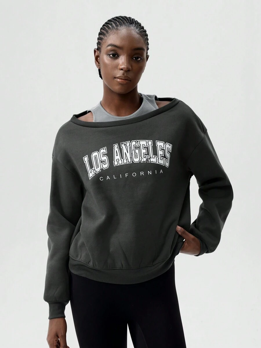 VARSITIE Sweatshirt Wanita Motif Huruf untuk Liburan Musim Gugur dan Musim Dingin - Grey - View 1