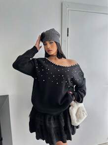Franclia Plus Size Women's Plus Size Drop Shoulder Long Sleeve Loose Oblique Shoulder Studded Pearl Sweater, Autumn/Winter