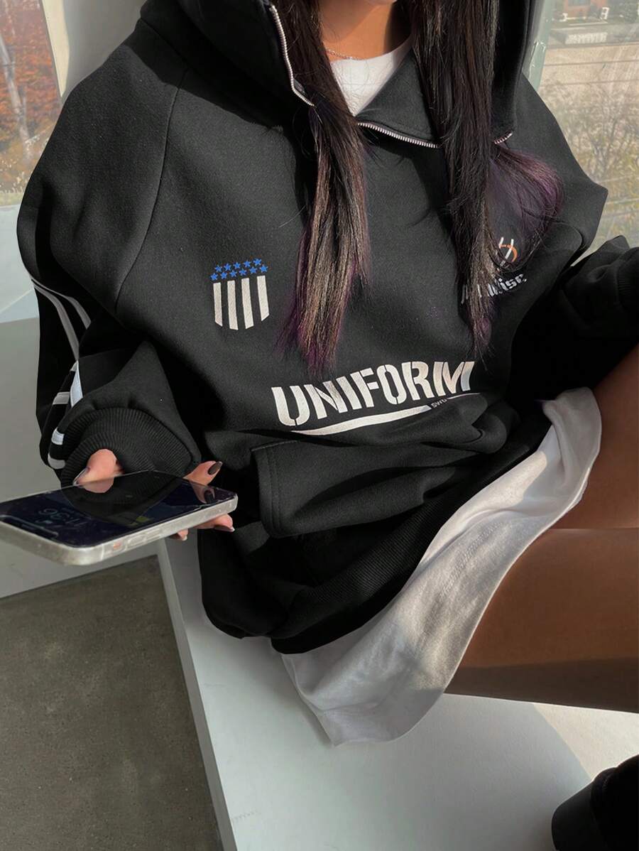 DAZY 女式拼色丝带字母印花运动连帽运动衫，秋季，长袖上衣