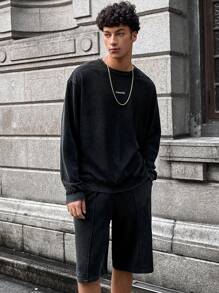 Manfinity VCAY 2pcs Men's Knit Fashion Casual Young Salt & Pepper Loose Fit Long Sleeve Sweatshirt & Elastic Waist Shorts Set
