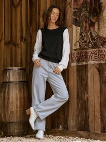 LanaWest Women Crew Neck Colorblock Puff Sleeve Knitted Sweater, Autumn/Winter  Fall Outfit