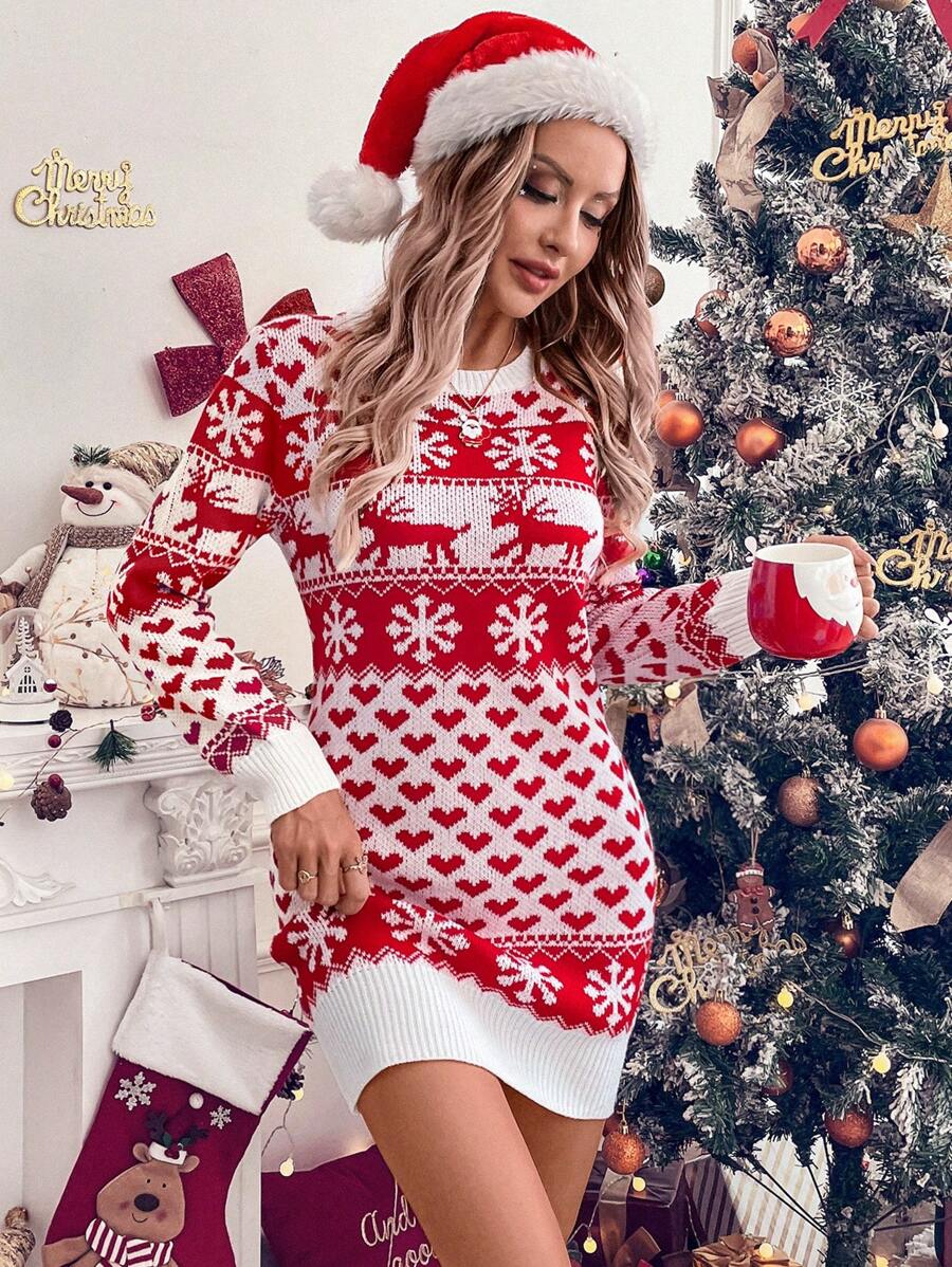 SHEIN LUNE Women's Christmas Pattern Knit Mini Dress - Red and White - View 1