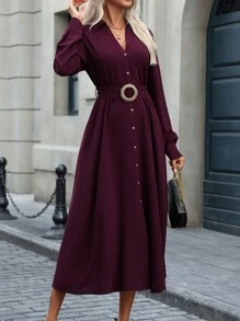 SHEIN Clasi Đầm sơ mi dài tay dài cổ bẻ trễ vai màu trơn cho nữ, trang phục maxi thu cho nữ - Màu đỏ tím - Xem 4