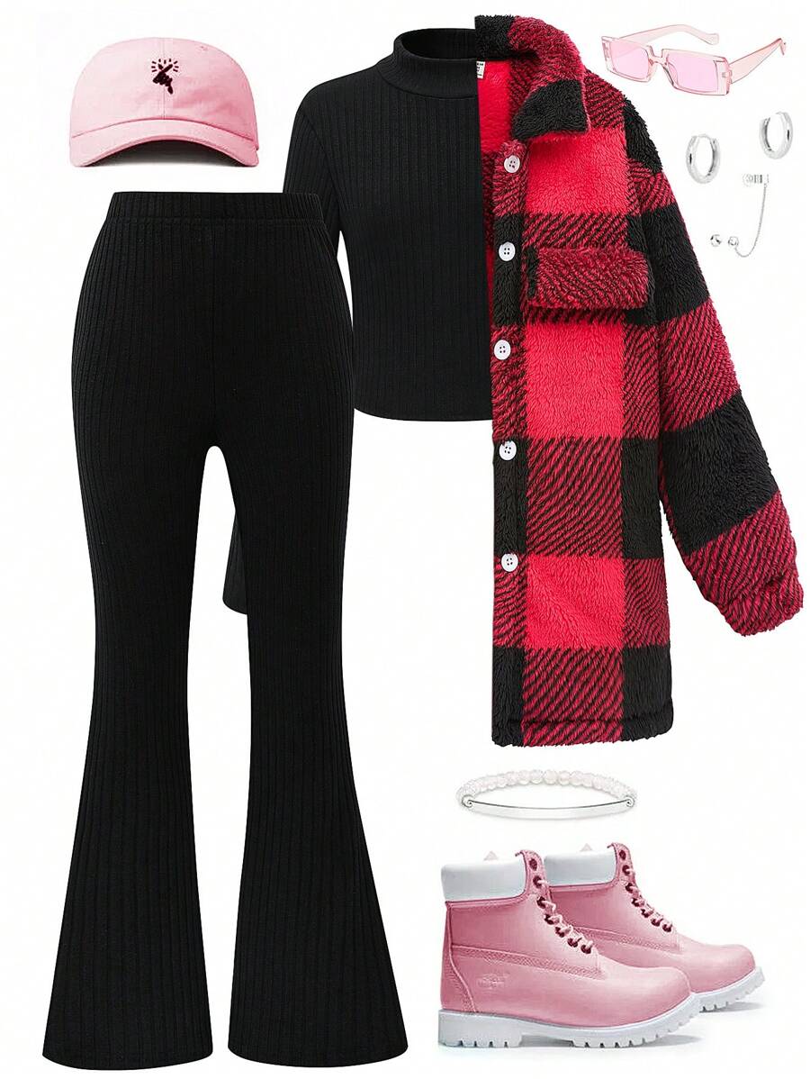SHEIN Explorewe Tween-Mädchen 3-teiliges Set: Karierte Langarmjacke mit Kragen, geripptes Langarmoberteil mit Rollkragen und gerippte Schlaghose in Uni für Weihnachten