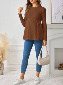 SHEIN Maternity Solid Peplum Tee Fall Winter Tee - Rust Brown - View 4