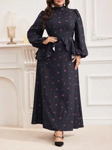 Modelyn Plus Size Bescheiden Standkraag Lange Mouw Bloemenprint Lange Arabische Jurk