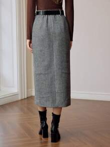 MOTF PREMIUM CHEVRON PRINT SLANT POCKET SPLIT HEM BELTED SKIRT