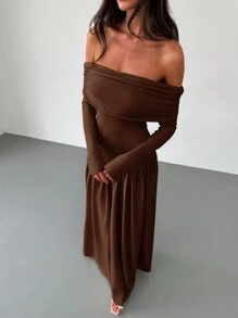 Aloruh New Apricot Off-Shoulder High Waist A-Line Long Sleeve Bodycon Dress, Stretchy & Slimming, Summer Dresses For Women,Tea Party Dress