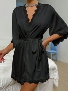 Women Solid Color Lace Patchwork Camisole Nightgown With Robe Sleepwear Set