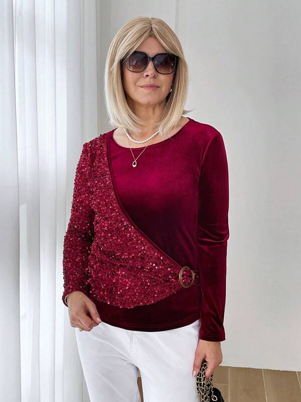 SHEIN LUNE Women's Solid Color Round Neck Long Sleeve Sequin Patchwork Elegant T-Shirt, Autumn