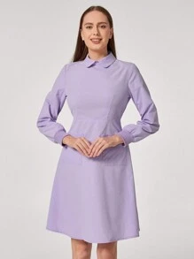 TaskEZ Solid Color Long Sleeve Pocket Casual Uniform Nurse Dress