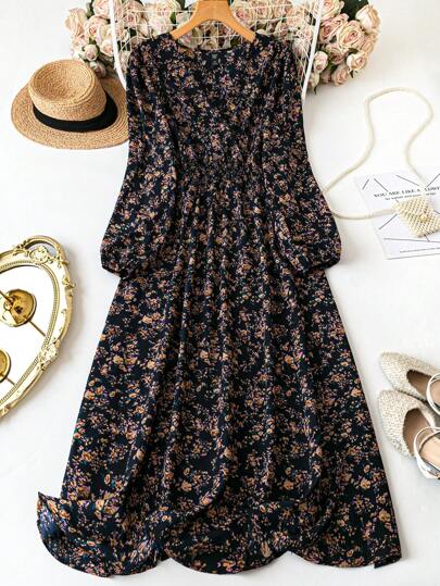 EMERY ROSE 大码女式长袖 V 领休闲优雅连衣裙，春秋季长款女装秋季服装