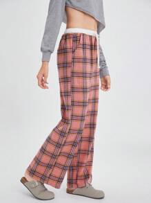 Easelle Pantalones rectos informales con bolsillos y estampado a cuadros en rosa y blanco