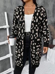 SHEIN LUNE Plus Size Casual Long Leopard Print Cardigan Sweater Without Buttons,Parties, Music Festivals, Home Wear, Back-To-School Events, Gifting, And Shopping.Fall Sweaters,Winter Clothes,Winter Women Dress - Multicolor - View 5