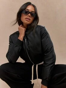 MISSGUIDED 时尚短款飞行员运动夹克风衣轻便秋冬时尚外套拉链街头风格 Y2K 运动休闲日常穿着 - 黑色 - 查看 3